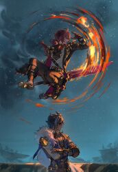 Rule 34 | 2boys, antenna hair, black gloves, black jacket, black necktie, black pants, blue hair, dark-skinned male, dark skin, diluc (genshin impact), eyepatch, fur scarf, genshin impact, gloves, hair between eyes, hair over shoulder, highres, jacket, kaeya (genshin impact), long hair, low ponytail, male focus, multiple boys, necktie, night, night sky, one eye covered, outdoors, pants, ponytail, red eyes, red hair, sky, star (sky), starry sky, step-siblings, vest, white vest, wolf&#039;s gravestone (genshin impact), zehuij