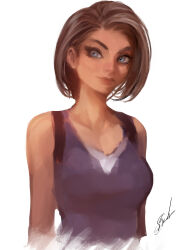Rule 34 | 1girl, blue eyes, blue shirt, brown hair, commentary, highres, jill valentine, orion-m, resident evil, resident evil 3: nemesis, resident evil 3 (remake), shirt, short hair, signature, simple background, sketch, smile, white background