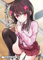 1girl brown_hair cameltoe cardigan chair desk garter_straps hair_ornament hairclip highres himeno_momo necktie panties pantyshot pink_cardigan red_eyes school_desk school_uniform tama_project thighhighs to_be_continued underwear v-mag virtual_youtuber white_footwear