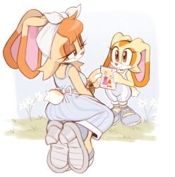 blue_dress blue_overalls breasts brown_eyes cream_the_rabbit curvy drawing_(object) dress eyelashes flower grass hair_tied high_heels highres medium_breasts mother_and_daughter narrowed_eyes outdoors overalls plump rabbit rabbit_ears rabbit_girl rabbit_tail ribbon sega shoes simple_background sonic_(series) three-toned_fur tied_up_hair vanilla_the_rabbit very_long_ears