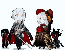 Rule 34 | 2girls, 2others, aislan, ascot, black coat, black hair, black jacket, black pants, bloodborne, blue eyes, bonnet, brown cloak, brown sweater, chibi, cloak, clock, coat, cosplay, dante (limbus company), dress, faust (project moon), grey eyes, grey vest, holding, holding sword, holding weapon, hunter (bloodborne), hunter (bloodborne) (cosplay), jacket, lcb uniform (project moon), limbus company, medium hair, multiple girls, multiple others, object head, pants, plain doll, plain doll (cosplay), project moon, red ascot, red coat, simple background, sweater, sword, vest, weapon, white background, white hair