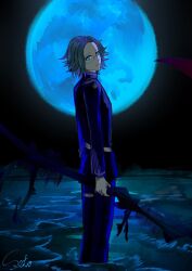 1boy aotsuki_eito blue_eyes closed_mouth glasses highres holding holding_scythe holding_weapon last_defense_academy_school_uniform long_sleeves looking_at_viewer male_focus moon moonlight night scythe solo solo_focus standing the_hundred_line_-last_defense_academy- turning_head water weapon white_hair