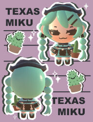 3d :3 absurdres alternate_costume aqua_hair blush cactus chibi chibi_only cowgirl_(western) hair_ornament hairclip hatsune_miku highres lavy_(lavnko) long_hair multi-tied_hair skirt twintails vocaloid