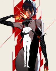 1girl absurdres ass bare_shoulders black_dress black_gloves black_hair breasts chainsaw_man choker cleavage dress elbow_gloves from_behind gloves green_eyes highres inset light_smile lipstick makeup medium_breasts multiple_views nude partially_colored red_lips reze_(chainsaw_man) short_hair side_slit sleeveless sleeveless_dress sparks standing wonbin_lee