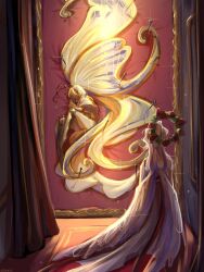1boy 1girl angel_wings armored_boots blonde_hair boots bug butterfly butterfly_wings cookie_run cupid fairy glass halo highres insect insect_wings mewmew_xi multicolored_hair pavlova_cookie red_eyes red_hair robe sugarfly_cookie two-tone_hair white_hair white_robe wings
