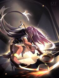 1girl absurdres artist_name black_cape black_dress black_shoes blurry blurry_background cape checkered_floor commentary detached_sleeves dress dynamic_pose english_commentary fighting_stance floating_cape floating_hair foreshortening hair_over_one_eye high_heels highres holding holding_scythe holding_weapon hololive hololive_english indoors long_hair looking_at_viewer mori_calliope mori_calliope_(1st_costume) one_eye_covered pink_eyes pink_hair pumps qt_patrol scythe see-through_clothes see-through_sleeves shoes solo sparks thighhighs very_long_hair virtual_youtuber weapon