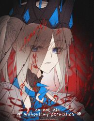 1girl absurdres artoria_pendragon_(fate) blood blood_on_face blue_eyes braid crown fate/grand_order fate_(series) hair_between_eyes half_up_braid highres long_hair looking_at_viewer morgan_le_fay_(fate) morgan_le_fay_(queen_of_winter)_(fate) ponytail sakuranull side_ponytail spikes veil white_hair