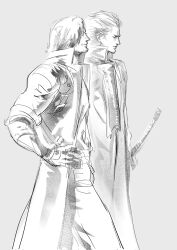 2boys beard_stubble brothers closed_eyes closed_mouth coat collared_coat dante_(devil_may_cry) devil_may_cry_(series) devil_may_cry_5 facial_hair grey_background greyscale hair_slicked_back hand_on_own_hip highres male_focus monochrome multiple_boys popped_collar siblings simple_background sketch smile stubble sword twins vergil_(devil_may_cry) weapon ye_(ye79132751)