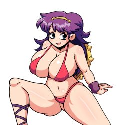 1girl arm_support athena_(series) bikini blue_eyes breasts cleavage highres huge_breasts iggybomb long_hair navel open_mouth princess_athena purple_hair red_bikini shield sitting smile snk solo swimsuit thick_thighs thighs