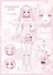 1girl :d bag blush boots border character_name choker closed_eyes crop_top cropped_jacket demon_girl demon_horns demon_tail demon_wings fangs frills full_body hair_ornament hairclip handbag heart heart_choker heart_hair_ornament heart_o-ring highres holding horns jacket knee_boots long_hair long_sleeves looking_at_viewer midriff miko_suuuuu multiple_expressions multiple_views navel o-ring o-ring_choker open_clothes open_jacket open_mouth original pink_bag pink_border pink_choker pink_eyes pink_hair pink_shirt pink_skirt pink_theme pom_pom_(clothes) pom_pom_hair_ornament reference_sheet shirt shoes skirt smile standing tail tattoo thighhighs two_side_up white_jacket white_shoes white_thighhighs wings x_hair_ornament