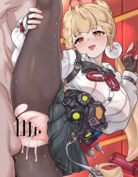 1boy 1girl :o absurdres ahegao alice_thymefield animal_ears bar_censor black_skirt blonde_hair blush breasts censored daram_(shappydude) fingerless_gloves gloves hand_on_own_leg hetero heterochromia highres indoors large_breasts long_hair orange_eyes pantyhose penis pleated_skirt red_eyes sex shirt skirt split standing standing_on_one_leg standing_sex standing_split sweat torn_clothes torn_pantyhose vaginal white_shirt zenless_zone_zero