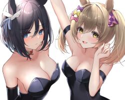 arm_up black_hair blue_eyes breasts brown_eyes brown_hair collarbone commentary_request detached_sleeves eishin_flash_(umamusume) hair_ornament highres horse_girl leotard looking_at_viewer medium_breasts medium_hair open_mouth playboy_bunny portrait simple_background small_breasts smart_falcon_(umamusume) takmi umamusume white_background