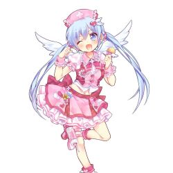 1girl angel_wings asuna_healia blue_eyes blue_hair breasts ech frilled_skirt frills hair_ornament hat heart heart_hair_ornament long_hair navel nurse nurse_cap one_eye_closed open_mouth pink_shirt pink_skirt puffy_short_sleeves puffy_sleeves shirt short_sleeves skirt twintails uchi_no_hime-sama_ga_ichiban_kawaii very_long_hair wings