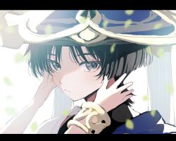 Rule 34 | 1boy, arms up, black bodysuit, black hair, blue hat, blunt ends, blurry, bodysuit, bracelet, choppy bangs, closed mouth, depth of field, disembodied hand, eyelashes, eyeliner, eyeshadow, falling leaves, fingernails, genshin impact, gold, grey eyes, hat, highres, hirarinoie, japanese clothes, jewelry, jingasa, kimono, leaf, looking at viewer, makeup, male focus, nahida (genshin impact), open hands, outstretched arms, portrait, reaching, reaching towards another, red eyeliner, red eyeshadow, scaramouche (genshin impact), shoulder peek, sidelighting, sketch, tsurime, wanderer (genshin impact), white background, white kimono