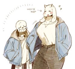 1boy 1girl animal_ears arrow_(symbol) black_pants blue_jacket blush blush_stickers body_fur breasts closed_eyes collarbone cosplay cowboy_shot drawstring flying_sweatdrops furry furry_female goat_ears goat_girl goat_horns grin hands_in_pockets happy height_difference highres hood hood_down hooded_jacket horns jacket jewelry korean_text large_breasts long_sleeves matching_outfits necklace open_mouth pants sans_(undertale) sans_(undertale)_(cosplay) shirt shirt_tucked_in simple_background skeleton smile standing taku_(taku_10288) teeth toriel translation_request u_u undertale white_background white_fur white_shirt