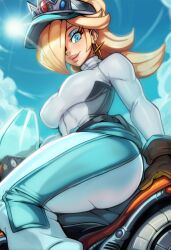 baseball_cap blonde_hair blue_eyes breasts clothes_around_waist earrings from_below gloves hair_over_one_eye hat jewelry mario_(series) mario_kart mario_kart_world motorcycle nintendo on_motorcycle reliusmax rosalina rosalina_(pro_racer) shirt star_(symbol) star_earrings tight_clothes tight_shirt