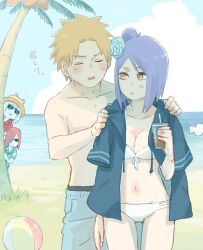 1girl 3boys ball beach beachball bikini blue_hair blush borrowed_clothes breasts cleavage drink hetero holding holding_drink jiraiya_(naruto) konan_(naruto) looking_at_another male_swimwear meitarou multiple_boys nagato_(naruto) naruto_(series) naruto_shippuuden navel orange_hair outdoors sunglasses swimsuit water white_bikini yahiko_(naruto)