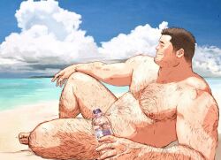 1boy arm_hair bara bare_pectorals barefoot beard_stubble belly biceps black_hair blue_sky bota86mochi bottle chest_hair closed_eyes cloud cloudy_sky completely_nude convenient_censoring facial_hair hairy holding holding_bottle leg_hair looking_to_the_side male_focus mustache_stubble navel nipples nude nudist ocean on_ground original pectorals plump sand sitting sky smile stomach_hair stubble