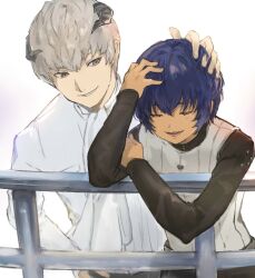 Rule 34 | 2boys, arm up, ascot, black pants, black shirt, closed eyes, collared shirt, dark-skinned male, dark skin, grey eyes, grey hair, hair between eyes, hand on another&#039;s head, hand on own head, hand on own hip, horns, long sleeves, looking at another, male focus, metaphor: refantazio, multiple boys, on railing, open mouth, pants, protagonist (metaphor: refantazio), railing, samerkgk, shirt, short hair, simple background, striped clothes, striped vest, strohl (metaphor: refantazio), teeth, triangle mouth, vertical-striped clothes, vertical-striped vest, vest, white ascot, white background, white shirt, white vest