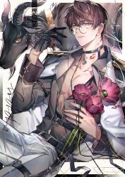 1boy abs belt belt_buckle black_belt black_border black_choker black_gloves border brown_hair buckle chinese_commentary choker collarbone collared_shirt cowboy_shot flower glasses gloves goat grey_shirt hair_between_eyes half_gloves hand_up happy_birthday harness holding holding_flower jacket jacket_on_shoulders light_particles lipstick_mark lipstick_mark_on_neck long_sleeves looking_at_viewer love_and_producer male_focus outside_border pants parted_lips partially_unbuttoned pectoral_cleavage pectorals pendant_choker poppy_(flower) purple_eyes purple_flower round_eyewear s_(olath) shirt short_hair sideways_glance single_glove sitting sleeve_cuffs sleeve_garter smile solo string_around_neck thigh_strap toned toned_male white_background white_border white_jacket white_pants xu_mo