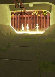 1girl 2boys child commentary day fence grass highres multiple_boys oomiya_io original outdoors plant scenery silhouette standing sunlight tunnel wide_shot