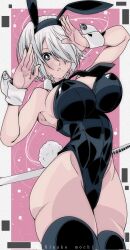 Rule 34 | 1girl, 2b (nier:automata), animal ears, bare shoulders, black hairband, blush, breasts, clothing cutout, curvy, hairband, highres, kinakomochi (user vedc2333), large breasts, leotard, looking at viewer, mole, mole under mouth, nier:automata, nier (series), playboy bunny, rabbit ears, short hair, solo, thighhighs, thighs, white hair