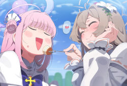 2girls blue_archive blush brown_hair cake closed_eyes commentary csham feeding flower food fork hair_bun hair_flower hair_ornament halo heart highres holding holding_fork incoming_food long_hair long_sleeves mika_(blue_archive) multiple_girls nagisa_(blue_archive) open_mouth pink_hair pink_halo single_side_bun spoken_heart wings yellow_eyes