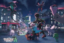3boys 4girls absol absurdres aromatisse artist_request belt black_hair blue_belt blue_shoes bracelet building bunnelby bush chikorita clenched_hand copyright_logo copyright_name dedenne emma_(pokemon) fence flower furfrou furfrou_(debutante) gardevoir gen_1_pokemon gen_2_pokemon gen_3_pokemon gen_4_pokemon gen_5_pokemon gen_6_pokemon harmony_(pokemon) hat helioptile highres holding holding_poke_ball jacket jewelry legendary_pokemon long_sleeves lucario mega_absol mega_gardevoir mega_lucario mega_pokemon mega_salamence mega_scizor mega_steelix multiple_boys multiple_girls night nintendo noivern official_art outdoors pants paxton_(pokemon) pikachu poke_ball poke_ball_(basic) pokemon pokemon_(creature) pokemon_legends:_z-a pokemon_on_back salamence scizor second-party_source shirt shoes short_hair shuppet sign sky star_(sky) steelix swirlix tepig totodile tower vivillon vivillon_(meadow) white_hat window zygarde zygarde_core