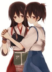 Rule 34 | 10s, 2girls, akagi (kancolle), armor, bad id, bad pixiv id, blue skirt, blush, breastplate, brown eyes, brown gloves, brown hair, eve (meltdown), female focus, flight deck, gloves, half-closed eyes, hand on shoulder, holding hands, interlocked fingers, japanese clothes, kaga (kancolle), kantai collection, kimono, light smile, long hair, long skirt, looking at another, looking away, looking back, md5 mismatch, miko, multiple girls, muneate, pleated skirt, red skirt, short hair, shy, side ponytail, simple background, skirt, smile, standing, tears, very long hair, white background, yuri