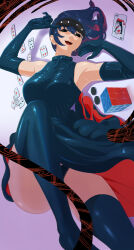 1girl absurdres bare_shoulders black_boots black_bow black_bowtie black_dress black_eyes black_gloves black_hair black_panties bob_cut boots bow bowtie breasts dress dress_bow elbow_gloves empty_eyes formal_clothes from_side full_body gloves hair_between_eyes hand_on_own_knee high_contrast high_heel_boots high_heels highres knees_up looking_at_viewer monogatari_(series) oshino_ougi pale_skin panties short_hair shyiek_art simple_background sitting sleeveless sleeveless_dress smile solo turtleneck turtleneck_dress underwear