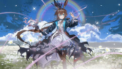 1girl absurdres amiya_(arknights) amiya_(medic)_(arknights) animal_ears arknights axleaki black_pantyhose blue_eyes blue_jacket brown_hair dress highres jacket long_sleeves pantyhose rabbit_ears rabbit_girl solo white_dress