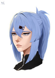 1girl arcane:_league_of_legends art_study black_jacket blue_eyes blue_hair blunt_sidelocks closed_mouth commentary english_commentary hair_ornament hairpin hashtag-only_commentary high_ponytail highres jacket league_of_legends medium_hair original parody ponytail profile saki_(the_atko) sidelocks simple_background solo style_parody the_atko white_background zipper_pull_tab