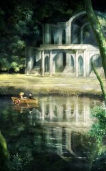 1girl absurdres arch boat bridge cat different_reflection hat highres nao1524 nature oar original outdoors panda plant reflection river scenery straw_hat tree water watercraft