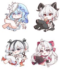 4girls absurdres ahoge an_myo armband black_armband black_eyes black_horns black_pants black_tail blue_butterfly blue_dress blue_eyes blue_hair blue_veil blush bow breasts bug butterfly butterfly_on_hand camellya_(wuthering_waves) carlotta_(wuthering_waves) chibi chibi_only collar colored_eyelashes commentary_request curled_horns demon_tail dress earrings grey_hair hair_bow hair_vines highres horns insect jewelry key_earrings korean_commentary long_hair looking_at_viewer mole mole_under_eye multicolored_eyes multicolored_hair multiple_girls necktie pants pantyhose parted_bangs pink_bow pink_eyes purple_eyes red_eyes red_necktie red_pupils shirt shorekeeper_(wuthering_waves) short_hair simple_background single_leg_pantyhose smile streaked_hair striped_bow tail two-tone_eyes two-tone_veil veil white_background white_collar white_dress white_hair white_pantyhose white_shirt white_veil wuthering_waves zani_(wuthering_waves)