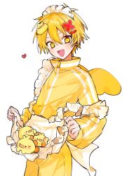 Rule 34 | 1boy, :d, adjusting apron, animal, animal hair ornament, apron, apron basket, baby animal, bird, blood, cowboy shot, dot nose, double-parted bangs, duck, duck hair ornament, duckling, fang, hair ornament, hairpin, happy, heart, highres, holding, jacket, long sleeves, looking at viewer, maid headdress, male focus, mini wings, open mouth, original, osr 00 osr, pants, short hair, simple background, skin fang, smile, solo, standing, strap slip, track suit, two-handed, waist apron, white background, wings, x hair ornament, yellow eyes, yellow jacket, yellow pants, yellow theme, yellow track suit, yellow wings