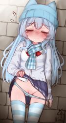 1girl absurdres beanie blue_hair blue_panties blue_scarf blue_skirt blue_thighhighs breasts censored closed_eyes closed_mouth clothes_lift commentary_request commission embarrassed hat highres lifting_own_clothes loli long_hair long_sleeves miniskirt mosaic_censoring ndawjaidee paid_reward_available panties panty_pull plaid_clothes plaid_scarf pulling_own_clothes pussy pussy_peek roblox scarf shirt skirt skirt_lift small_breasts solo striped_clothes striped_panties striped_thighhighs thighhighs underwear white_shirt