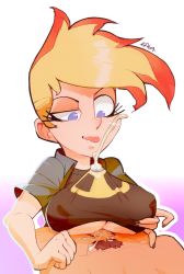 1boy 1girl breasts clothed_sex cum eyebrow_up gender_request genderswap grabbing_another&#039;s_breast groping hetero highres johnny_test lagalamel large_breasts orange_hair paizuri pubic_hair shirt smile tagme uncensored underboob