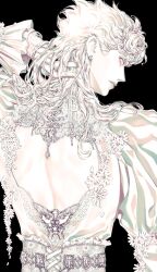 1boy back back_cutout backless_outfit black_background bug clothing_cutout commentary cross-laced_clothes earrings flower frilled_sleeves frills from_behind giorno_giovanna hand_in_own_hair hand_on_own_neck hashtag-only_commentary highres jewelry jojo_no_kimyou_na_bouken ladybug_ornament long_hair long_sleeves looking_at_viewer looking_back male_focus monochrome profile puffy_sleeves solo stud_earrings upper_body vento_aureo zhhy3324
