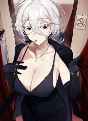 1girl armpit_crease black_dress black_eyes black_gloves black_jacket bracelet breasts changing_room cigarette cleavage collarbone commentary covered_navel curtains dress elbow_gloves gloves hair_between_eyes hand_on_own_chest highres indoors jacket jacket_on_shoulders jericho_(wabuwabu_05) jewelry lapels large_breasts looking_at_viewer medium_hair mirror navel necklace no_smoking notched_lapels original pendant shirt smoke smoking solo standing taut_clothes taut_dress unworn_shirt wabuwabu_05 white_hair white_shirt