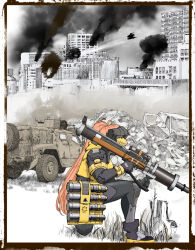 1girl absurdres armor car city commentary_request explosion flying goddess_of_victory:_nikke highres holding holding_rocket_launcher holding_weapon idoll_flower_(nikke) limited_palette military military_uniform motor_vehicle ogirin3948 on_one_knee orange_hair outdoors ponytail rapture_(nikke) rocket_launcher smoke solo spare_tire tactical_clothes unused_tire visor_(armor) weapon