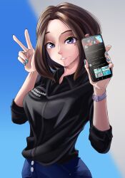 1girl absurdres black_shirt blue_background blue_nails blurry blurry_background breasts brown_hair cellphone collared_shirt commentary english_commentary grey_background hands_up highres holding holding_phone laz_gm looking_at_viewer medium_breasts medium_hair mole mole_under_eye paid_reward_available parted_lips phone purple_eyes samsung samsung_sam shirt shirt_tucked_in smartphone solo teeth twitter two-tone_background upper_body v