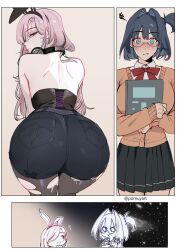2girls animal_ear_hairband animal_ears ass black_corset black_hair black_hairband black_shoes black_skirt blue_eyes blush book bow bowtie brown_cardigan cardigan commentary corset english_commentary fake_animal_ears glasses hair_intakes hairband headphones headphones_around_neck highres holding holding_book hololive hololive_english mori_calliope multiple_girls one_side_up ouro_kronii pantyhose pink_eyes pink_hair pleated_skirt pomuya rabbit_ears red_bow red_bowtie shoes skirt squiggle torn_clothes torn_pantyhose virtual_youtuber yuri