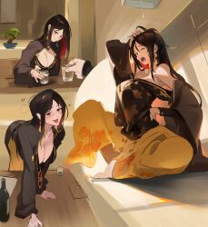 1girl absurdres alcohol black_hair bonsai breasts china_dress chinese_clothes cleavage dress drunk earrings goddess_of_victory:_nikke highres jewelry large_breasts moran_(nikke) multicolored_hair pov pov_hands rakaieye red-framed_eyewear red_eyes red_hair yawning