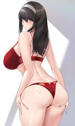 1girl absurdres arisugawa_ya ass black_hair blue_eyes blush bra breasts curvy grey_hairband hairband highres huge_breasts idolmaster idolmaster_cinderella_girls large_breasts lingerie long_hair looking_at_viewer looking_to_the_side median_furrow panties red_bra red_panties sagisawa_fumika sideboob solo straight_hair underwear underwear_only