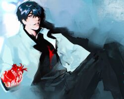 Rule 34 | 1boy, black eyes, black hair, black shirt, blood, blood on clothes, blood on hands, blue background, coat, feet out of frame, grin, hair over one eye, heart (organ), holding heart (organ), implied self-harm, implied suicide, incoming gift, kim dokja, knees up, looking at viewer, macaronijail, male focus, omniscient reader&#039;s viewpoint, on ground, organs, painterly, popped collar, shadow, shirt, sitting, smile, solo, white coat