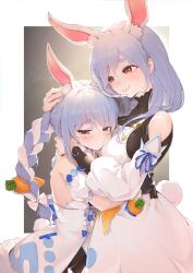 2girls animal_ear_fluff animal_ears black_bodysuit black_leotard blue_hair blush bodysuit braid braided_ponytail carrot_in_pocket closed_mouth craizuss dress fur-trimmed_dress fur_trim highres hololive hug leotard leotard_under_clothes long_hair looking_at_viewer mature_female mother_and_daughter multicolored_hair multiple_girls orange_eyes pekomama rabbit-shaped_pupils rabbit_ears rabbit_girl rabbit_tail smile symbol-shaped_pupils tail twin_braids two-tone_hair usada_pekora usada_pekora_(1st_costume) virtual_youtuber white_dress white_hair