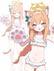 1girl :d animal_ear_fluff animal_ears animal_hands bare_shoulders barefoot bikini blue_archive blue_eyes blush cat_ears cat_girl cat_tail collarbone fang flower gloves hair_flower hair_ornament hairband halo highres loli long_hair looking_at_viewer mari_(blue_archive) navel open_mouth orange_hair paw_gloves peacem4ker skin_fang smile solo swimsuit tail very_long_hair white_bikini white_flower white_hairband yellow_halo