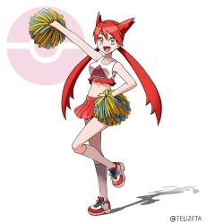 Rule 34 | 1girl, :d, absurdres, cheerleader, commentary request, cropped shirt, full body, gen 3 pokemon, hand on own hip, happy, highres, kneehighs, latias, leg up, legendary pokemon, long hair, looking at viewer, midriff, nintendo, open mouth, personification, pleated skirt, pokemon, pokemon adventures, pom pom (cheerleading), red hair, shirt, shoes, skirt, sleeveless, sleeveless shirt, smile, socks, solo, standing, tellzeta, tongue, twintails, twitter username, white background, white shirt, white socks, yellow eyes