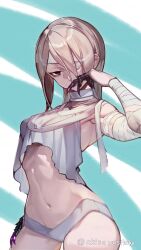Rule 34 | 1girl, a.k.i. (street fighter), absurdres, akisa yositake, albino, artist name, bandage over one eye, bandaged arm, bandaged head, bandaged neck, bandages, bikini, breasts, claw (weapon), claw ring, commentary request, finger to mouth, grey bikini, grey hair, highres, looking at viewer, mole, mole under mouth, navel, official alternate costume, official alternate hairstyle, pale skin, red eyes, solo, stomach, street fighter, street fighter 6, swimsuit, thighs, twitter username, weapon