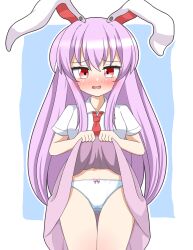 1girl absurdres animal_ears blue_background blush border bow bow_panties breasts clothes_lift collared_shirt commentary_request cowboy_shot d: embarrassed furrowed_brow highres lifting_own_clothes long_hair looking_at_viewer medium_breasts necktie nose_blush open_mouth panties peanut_mouth picot_trim_panties pink_bow pink_skirt purple_hair rabbit_ears rabbit_girl red_eyes red_necktie reisen_udongein_inaba shirt short_sleeves shy skirt skirt_lift solo straight-on thigh_gap touhou underwear white_border white_panties white_shirt zenji029